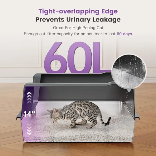 Miniatura 3 de Caja de arena XXXL de acero inoxidable para gatos con lados altos, 28" L x 20" A x 14" Al, caja de arena extra grande para gatos grandes y múltiples