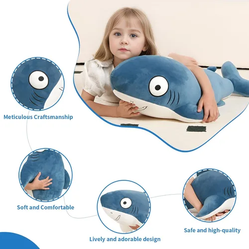 Miniatura 4 de Peluche de tiburones gigantes azules de 32 pulgadas, animales de peluche de tiburón ballena grande, almohada corporal blanda de pez marino grande