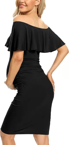Miniatura 5 de Vestido de maternidad ajustado con volantes y hombros descubiertos, vestido de embarazo formal para baby showerfotografía