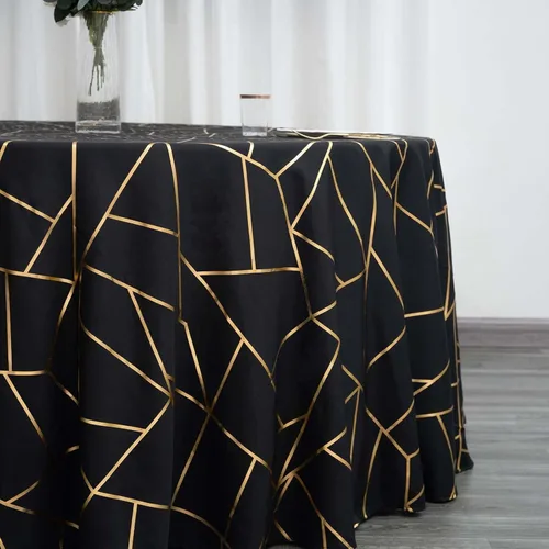Miniatura 2 de Efavormart - Mantel redondo de poliéster de 120 pulgadas con patrón geométrico dorado Negro