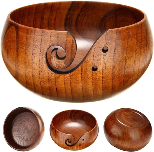 Miniatura 19 de Joyeee Cuenco de almacenamiento de hilo de madera hecho a mano, 6 pulgadas con agujeros tallados y perforados, regalo para entusiastas de tejer