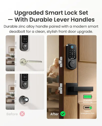 Miniatura 2 de DESLOC B200 Cerradura Inteligente de Huella Dactilar con 2 Manijas de Palanca, Juego de Cerradura de Puerta Delantera de Entrada sin Llave, Teclado