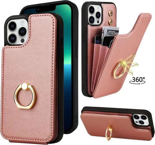 Funda tipo cartera compatible con iPhone 13 Pro con tarjetero, rotación de 360°, soporte de anillo de dedo con función atril, protección RFID, Oro