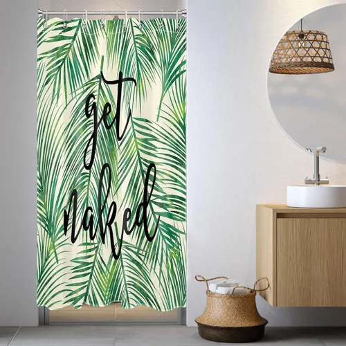 Miniatura 2 de LB Cortina de ducha de plantas de hojas verdes tropicales, citas divertidas y hojas de palma en cortinas de ducha beige para baño, tela de poliéster