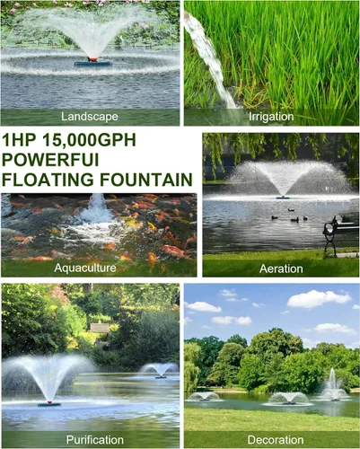 Miniatura 2 de Aireador de fuente de estanque 1HP, 750 W, 15000 GPH, 110 V-120 V, bomba de fuente de agua flotante con cable de alimentación de 100 pies, color Rojo