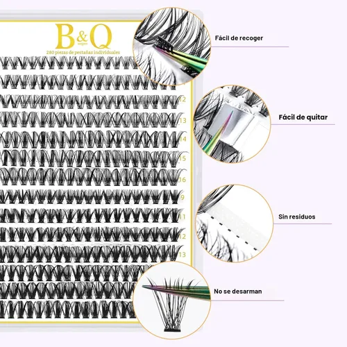 Miniatura 2 de B&Q - 280 racimos de pestañas naturales 30D, 40D, C, de 12 a 0.709 in, extensiones de pestañas individuales con banda fina suave y fina, aspecto