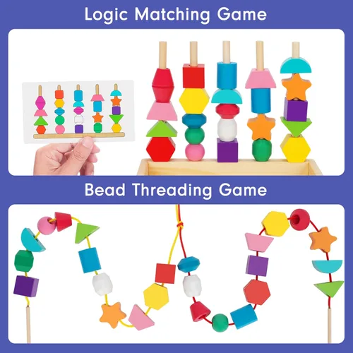 Miniatura 4 de TooyBing Montessori - Juguetes de madera con cordones para niños pequeños de 3 a 4 años, juguete de bloques de secuenciación y apilamiento con caja