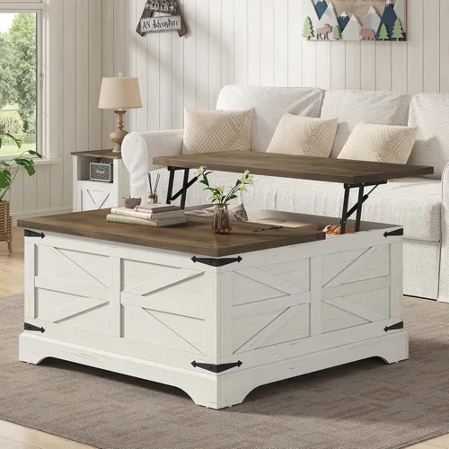 Miniatura 15 de Furnideco - Mesa de centro de granja con superficie elevable, mesa central cuadrada de madera con gran compartimento de almacenamiento oculto