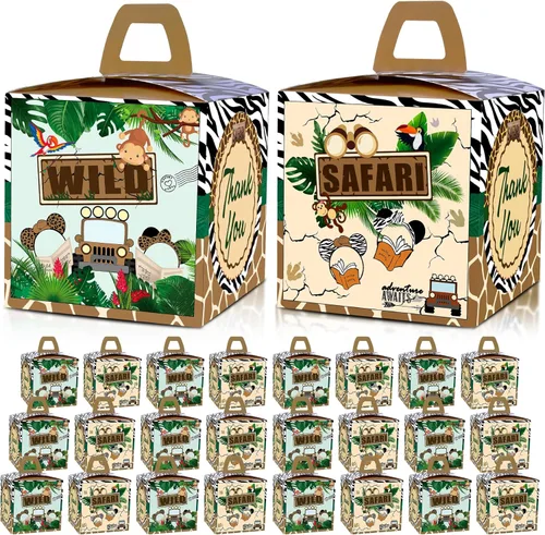 24 cajas de golosinas de regalo para fiesta de safari de ratón de la selva, animales de safari tropical, Let's Go Wild One cumpleaños, revelación de
