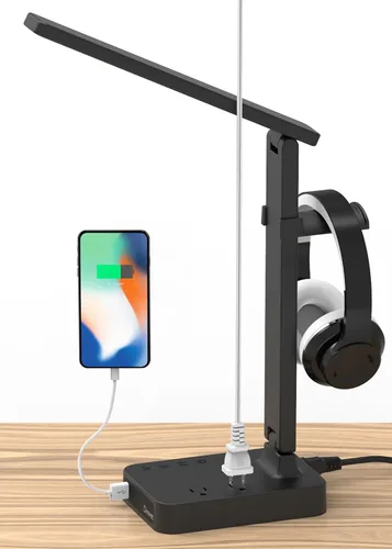 Miniatura 12 de Drevet Lámpara LED de escritorio para dormitorio universitario, luz de escritorio con 1 puerto de carga USB, 2 tomas de corriente CA, 3 modos