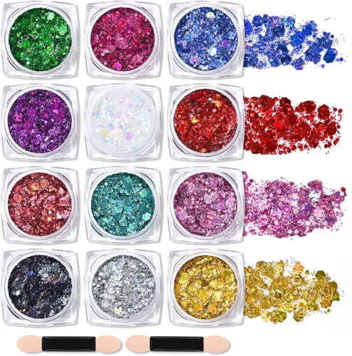 Miniatura 8 de Ownest Juego de gel holográfico con purpurina gruesa de 12 colores, para fiesta de Navidad, maquillaje, cara, cuerpo, labios, cabello, uñas, #00