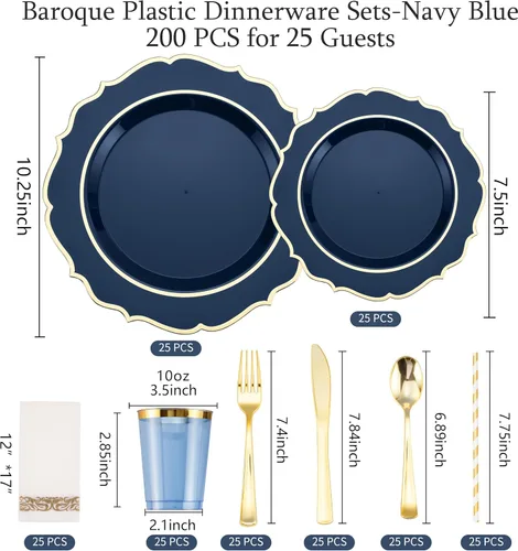 Miniatura 3 de 200 piezas de platos de plástico azul premium para 25 invitados, plato desechable azul y dorado de alta calidad, incluye 25 platos de cena/postre
