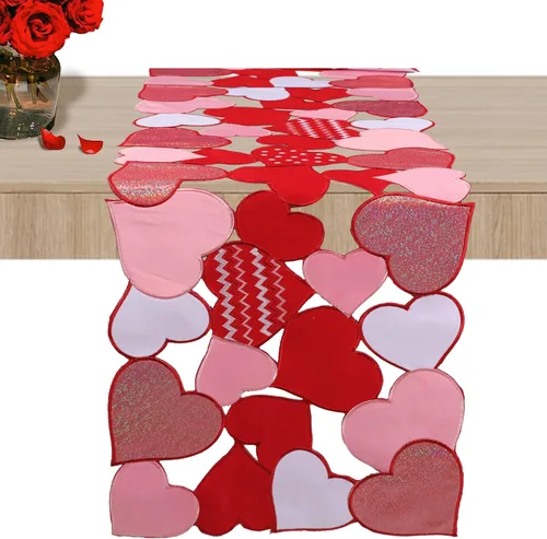 Miniatura 13 de OWENIE Caminos de mesa para el día de San Valentín, centros de mesa de San Valentín, 13 x 36 pulgadas, decoración de mesa roja bordada con corazón
