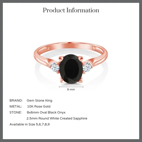 Miniatura 6 de Gem Stone King Anillo de compromiso ovalado de oro rosa de 10 quilates, ónix negro y zafiro blanco creado con 3 piedras para mujer