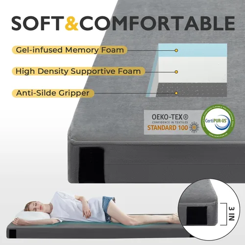 Miniatura 2 de Kingfun Colchón de espuma viscoelástica CertiPUR-US de 3 pulgadas, impermeable, enrollable, tapete grueso para dormir para tienda de campaña con Gris