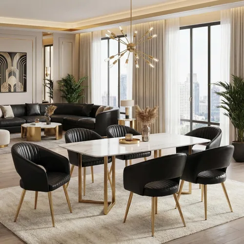 Miniatura 3 de Juego de 2 sillas de comedor modernas, tapizadas de piel sintética dorada con respaldo hueco, sillas de cocina con reposabrazos decorativos