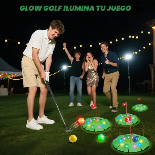 Miniatura 5 de Juego de golf iluminado VATOS - Mini juguete de golf con brillo con 4 agujeros LED, 4 bolas (2 brillantes), putter extensible, construye tu propio