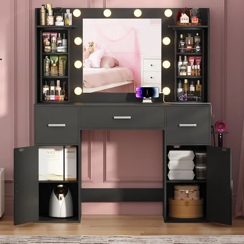 Miniatura 3 de EasyCom - Mesa de tocador con organizadores de joyería giratorios, tocador de maquillaje con espejo y luces, mesa de vestir con estación de carga