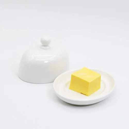 Miniatura 2 de NAGU Mini plato de mantequilla ovalado con tapa, plato de queso blanco con forma de procelain abovedado con asa, bandeja de mantequilla pequeña