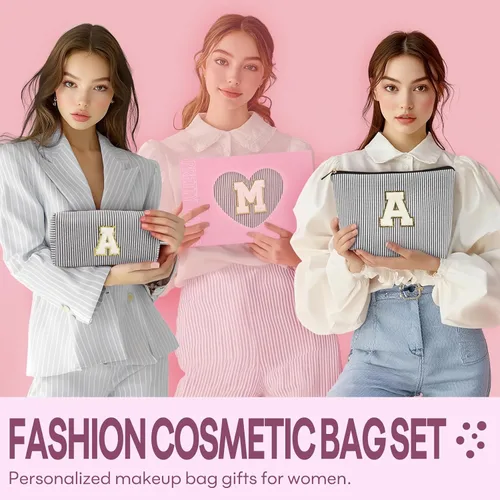 Miniatura 3 de 2 piezas de bolsas de maquillaje iniciales para mujeres: bolsa de cosméticos para viaje y artículos de tocador - Regalos de cumpleaños para niñas