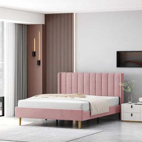 Miniatura 18 de Base de cama Queen con cabecero, base de cama de plataforma con respaldo de terciopelo vertical copetudo, soporte de listones de madera, no necesita