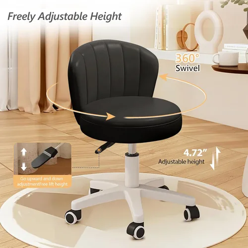 Miniatura 6 de Silla de escritorio pequeña festoneada con respaldo, bonita silla de tocador enrollable sin brazos con piel sintética, cómodas sillas de oficina