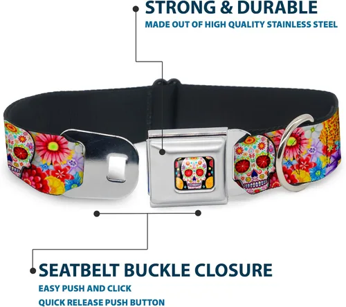 Miniatura 4 de Collar de perro hebilla de cinturón de seguridad Sugar Skull Starburst blanco multicolor 13 a 18 pulgadas 1.5 pulgadas de ancho