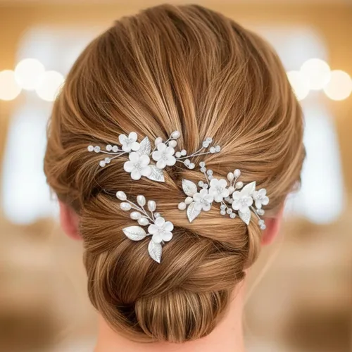 Miniatura 4 de Casdre Horquillas para el pelo de novia de flores, accesorios para el cabello de boda con diamantes de imitación para mujeres y niñas (paquete de 3)