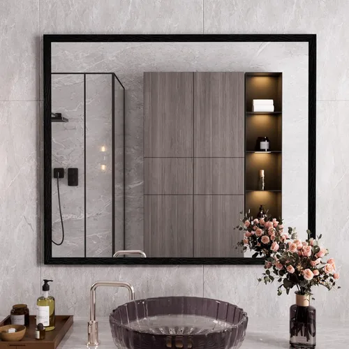 Miniatura 24 de WEER - Espejo de baño dorado, espejo de 40x32 pulgadas con marco de metal dorado cepillado, espejo de tocador de baño de oro para pared