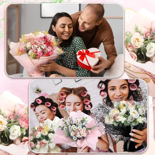 Miniatura 4 de Qilery Juego de 334 piezas de papel de regalo de flores, 153 papel de regalo de ramo floral impermeable, 72 decoraciones de mariposas doradas 3D