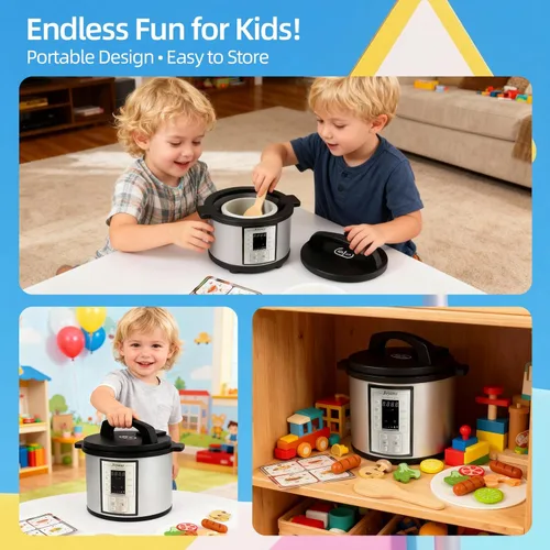 Miniatura 7 de Freidora de aire de madera de 15 piezas, juego de olla a presión de 18 piezas para niños, juguete de cocina con accesorios de alimentos, utensilios