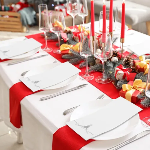 Miniatura 6 de 100 paquete de servilletas desechables de Navidad para invitados 12 x 17 pulgadas Árboles de Navidad de papel de aluminio plateado Toallas de mano