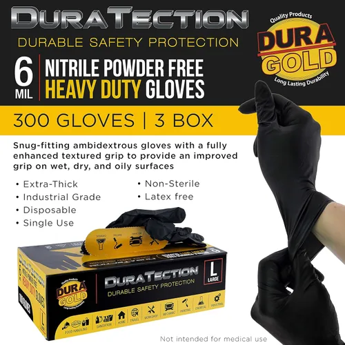 Miniatura 2 de Dura-Gold - Guantes desechables de nitrilo HD negro, 6 milésimas de pulgada - Sin látex, sin polvo, agarre texturizado