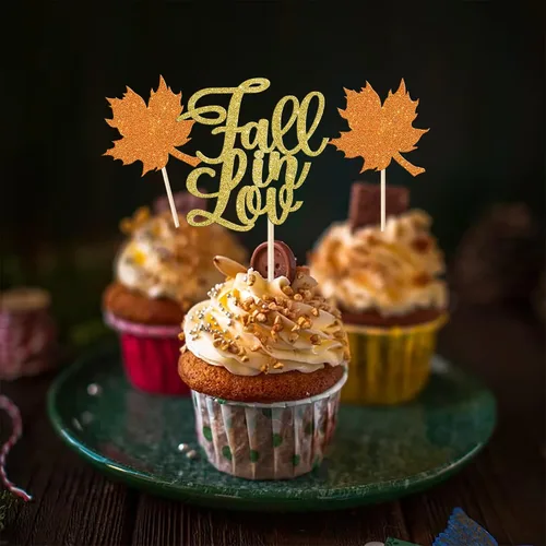 Miniatura 3 de Rsstarxi Paquete de 24 adornos para cupcakes con purpurina de otoño de hojas de arce de otoño, palillos para cupcakes, decoración de pasteles