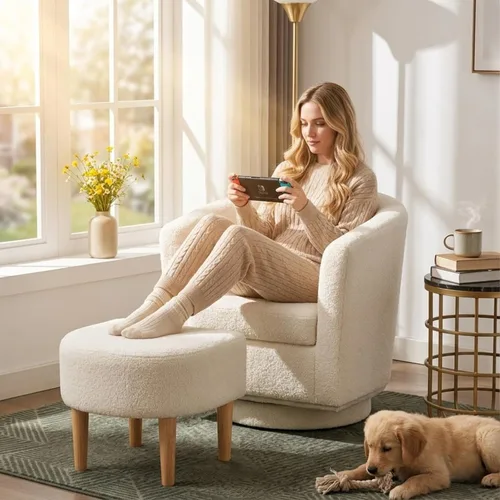 Miniatura 11 de DAZONE Silla giratoria con otomana, modernas sillas de barril de 360° para sala de estar, dormitorio, cómoda silla de lectura tapizada para bañera