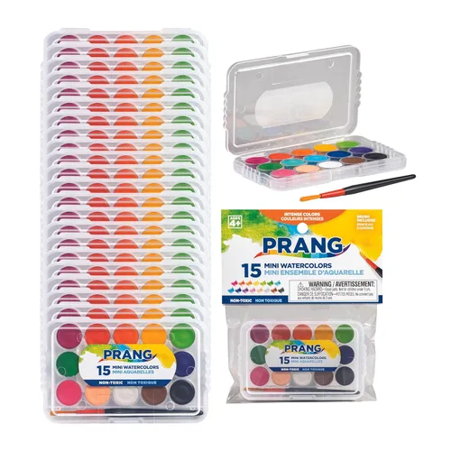 Prang - Juego de acuarelas mini, (paquete grande de 24) bandeja de paleta y pincel, 15 colores surtidos, recuerdos para fiestas de arte, premios,