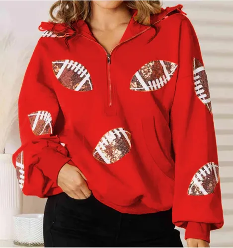 Miniatura 17 de SeekMe Sudaderas con capucha de lentejuelas para mujer, para el día del partido, suéteres de manga larga con cremallera y bolsillo