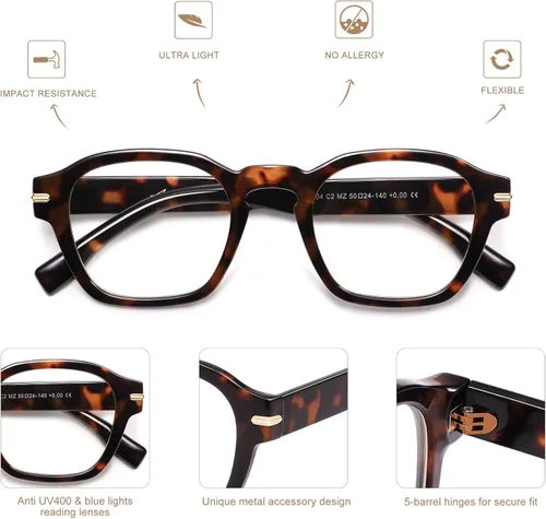 Miniatura 5 de AMOMOMA Paquete de 2 lentes de lectura cuadrados retro para mujeres y hombres, marco de lectura de computadora con luz azul AM6204