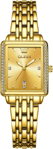 Miniatura 14 de OLEVS Reloj de mujer de oro de acero inoxidable, reloj de cara cuadrada pequeña con decoración de diamantes, reloj de vestir de cuarzo analógico