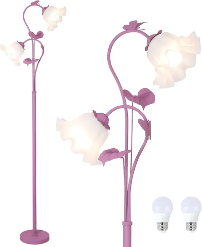Miniatura 8 de HMVPL Lámpara de pie blanca con flores, lámpara alta floral con 2 bombillas LED de 5W, interruptor de pie, lámpara de pie moderna de esquina