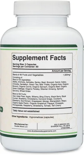 Miniatura 3 de Double Wood Suplemento de frutas y verduras (mezcla diaria de 49 frutas y verduras diferentes, 23 verduras y 29 frutas) porciones de 1,500 mg, 180