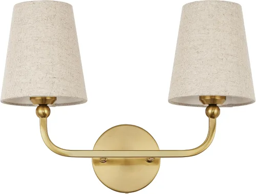Miniatura 34 de VL837-BG-RA-2 - Lámparas de baño de 2 luces, luces de ratán dorado cepillado, aplique de doble pared con pantalla tejida a mano acampanada, apliques
