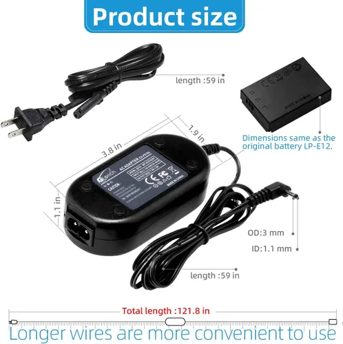 Miniatura 5 de Glorich ACK-E12 Adaptador de corriente de CA DR-E12 Acoplador DC LP-E12 LPE12 Kit de batería ficticia para cámaras digitales sin espejo Canon EOS