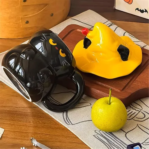 Miniatura 4 de Taza de café de cerámica, diseño de gato negro, hecho a mano, con sombrero de mago, tapa, asa, oficina, hogar, chocolate caliente con leche, regalos