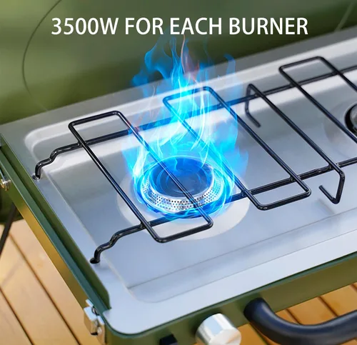 Miniatura 8 de Estufa de gas portátil para campamento de 2 quemadores, estufa de propano con patas plegables, pestillo y asa de alta resistencia para patio, Verde