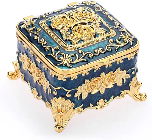 Hipiwe Caja de Joyería de Metal Vintage - Pequeño Organizador de Baratijas Caja para Anillos con Patrón de Rosas, Caja de Almacenamiento de Joyas