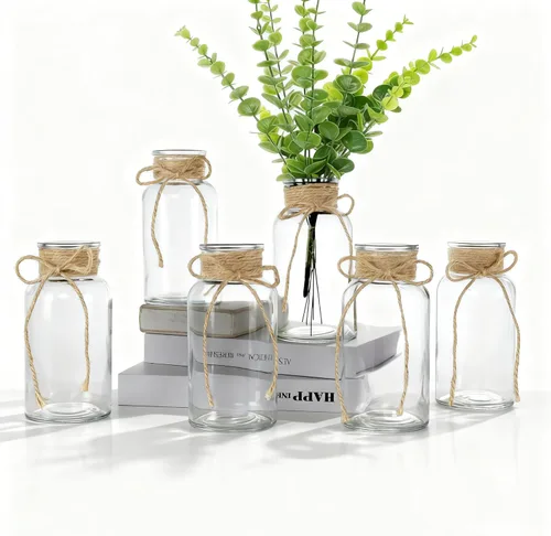 Juego de 6 jarrones de vidrio vintage para flores, jarrones de vidrio transparentes de estilo granja para centros de mesa, pequeños jarrones de