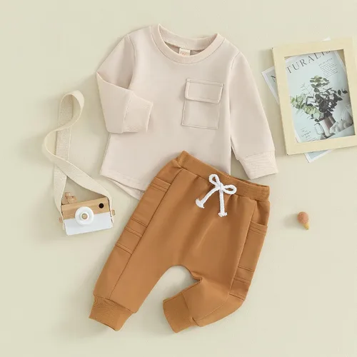 Miniatura 2 de Kuriozud Conjunto de 2 piezas de sudadera con cuello redondo y pantalones deportivos para niños pequeños para otoño e invierno