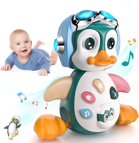 MOONTOY Juguetes musicales de pingüino gateador para bebés de 0-3-6 6-12 meses, juguetes luminosos para tiempo boca abajo, juguetes de baile,