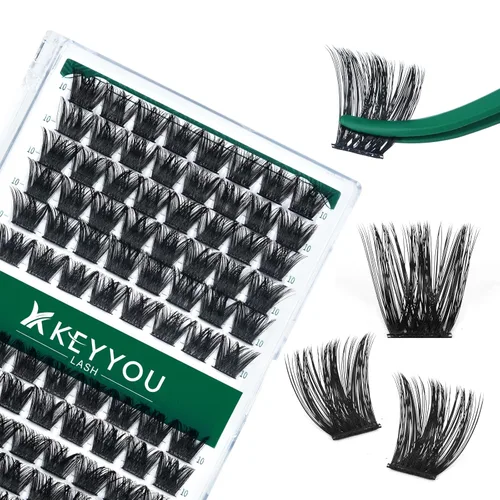 Miniatura 25 de KEYYOU Racimos de pestañas, 96 piezas de extensiones de pestañas DIY, rizado D de 16 mm, negro, realista, no irritante, fácil de colocar en casa